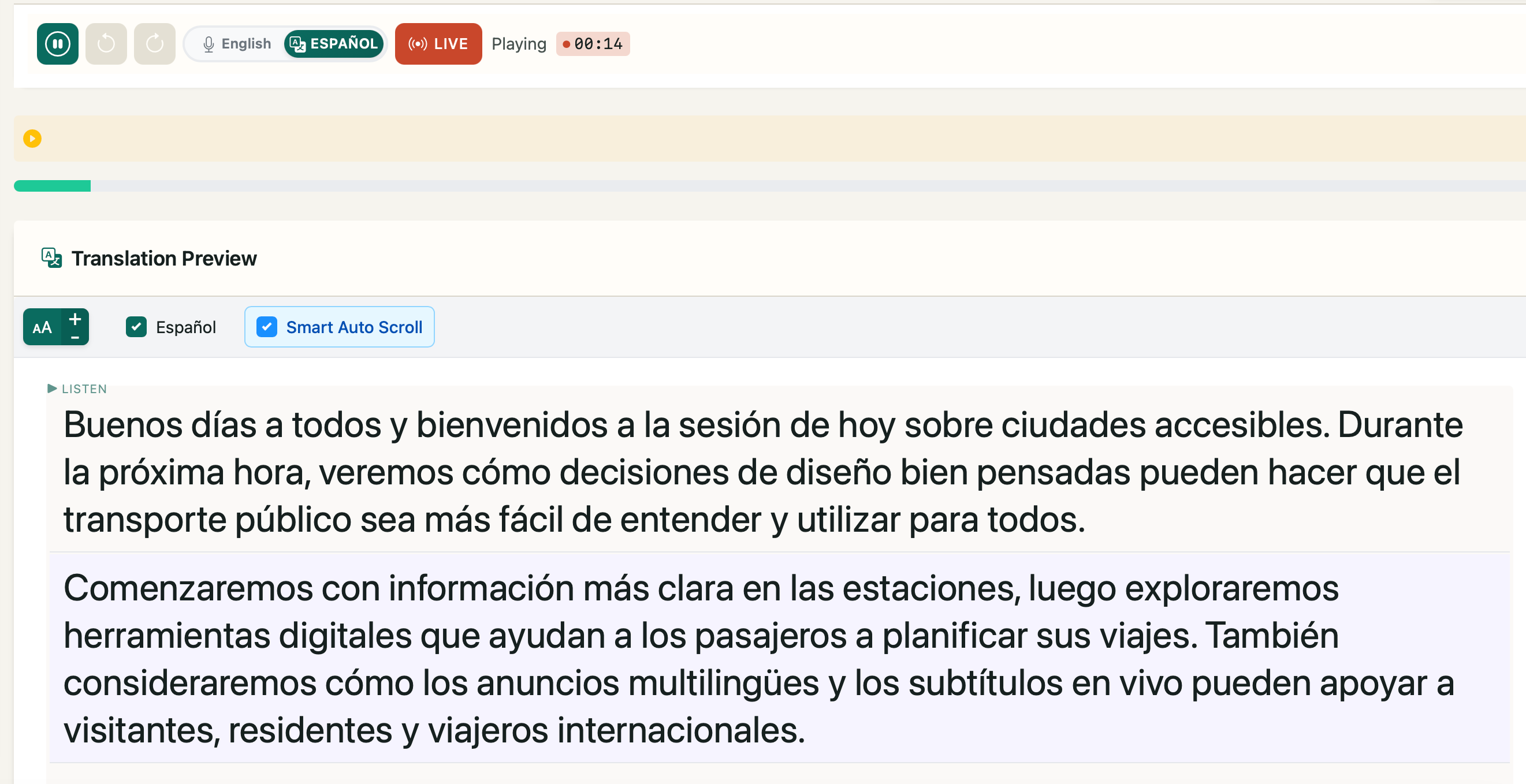 UnitedLang organizer dashboard translating live English speech into large Spanish captions