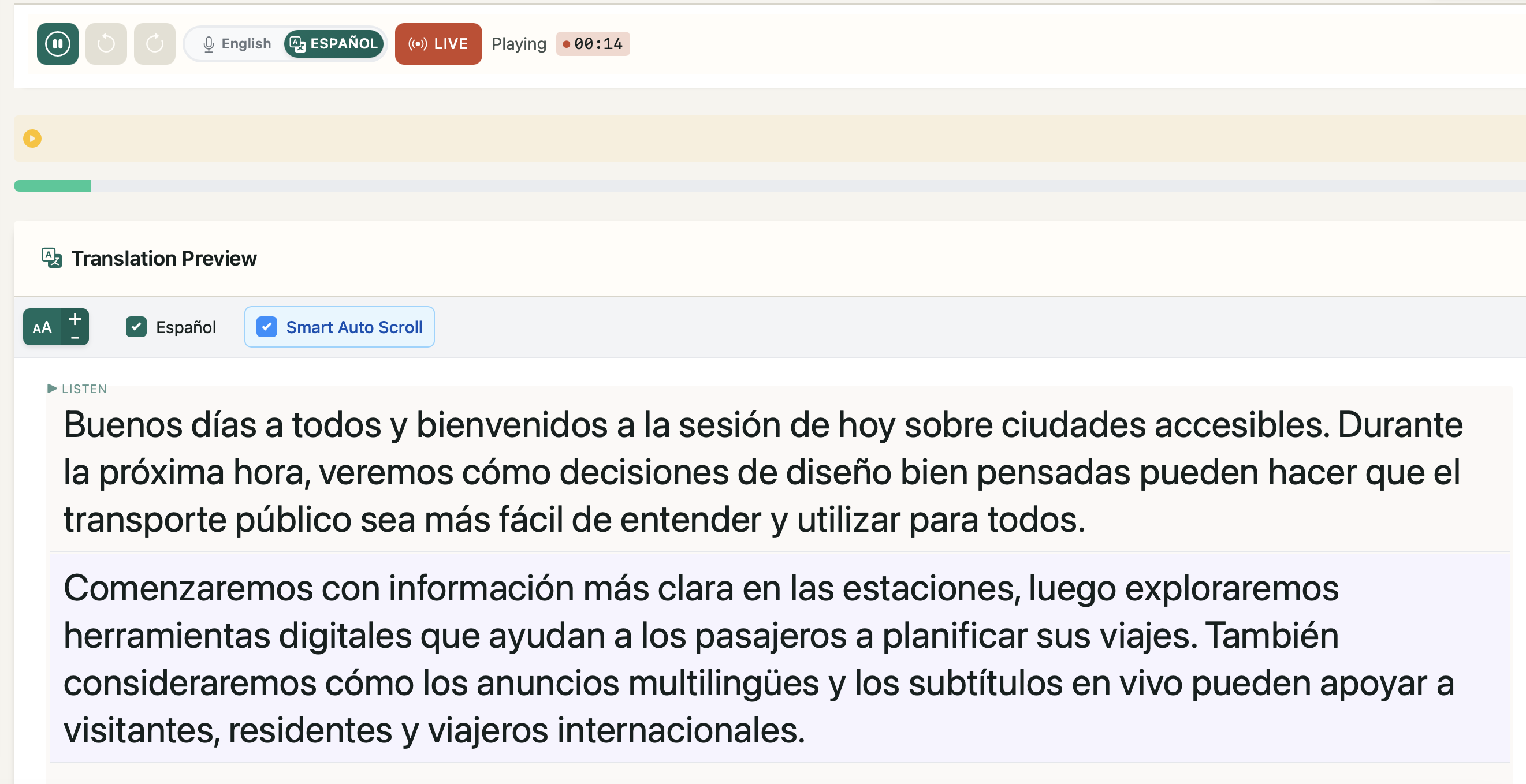 UnitedLang organizer dashboard translating live English speech into large Spanish captions
